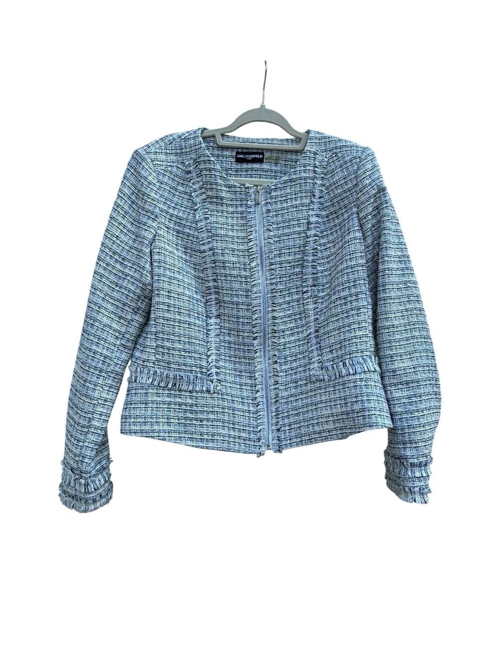 Karl Lagerfeld Paris Blue Tweed Fringe Zip Front Jacket